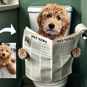 Custom Pet Portrait, Dog Cat Read Newspaper on Toilet, Funny Pet Portrait, Pet Customization, Bathroom Wall Art, Personalized Cat Dog Gift
