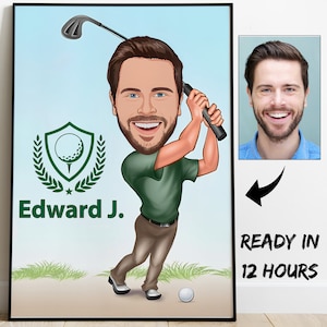 Cartoon Golfer Portrait, Custom Gifts For Him, Golf Gifts For Men, Golf Gifts For Women, Golfing Gifts, Personalized Golf Poster, Golf