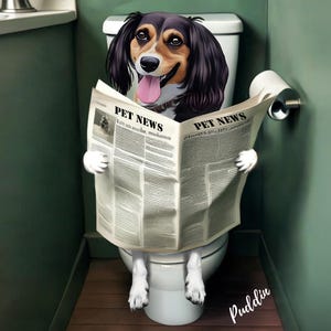 Custom Pet Portrait, Dog Cat Read Newspaper on Toilet, Funny Pet Portrait, Pet Customization, Bathroom Wall Art, Personalized Cat Dog Gift