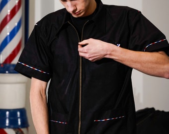 Barber Cut Jacket / Smock with Barber Pole Trim (Black Professor)