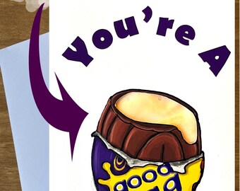 Biglietto di auguri sensoriale disegnato a mano per Pasqua o compleanno, ispirato all'uovo di crema di cioccolato, kitsch retrò anni '90, nostalgico, divertente, umoristico, buono