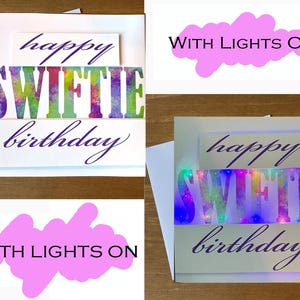 Swiftie pastéis brilhando iluminado feito à mão cartão de aniversário. bonito, LED, rosa, roxo, Taylor música menina pop personalizado adolescente swift