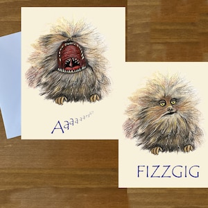 Cartão alternativo desenhado à mão de aniversário ou aniversário inspirado em Screaming Fizzgig, Dark Crystal Henson 80s retro cult clássico em branco em movimento