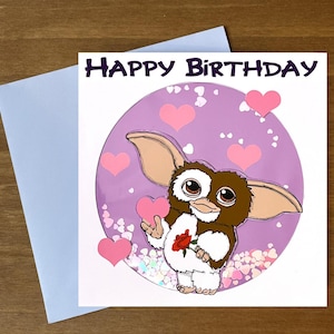 Cartão de corações de confete inspirado em Gremlins Gizmo, rosa, alternativa, aniversário, cartão em branco, retrô dos anos 80, fofo, kawaii, dia das mães