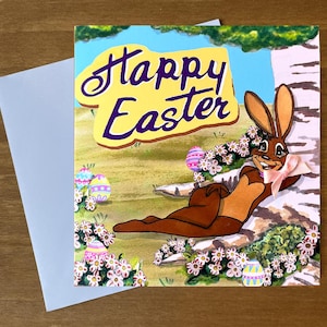 Cartão de Páscoa desenhado à mão, inspirado em coelho caramelizado, retrô, anos 90, kitsch. Nostálgico, vintage, chocolate, ovos de coelho de aniversário milenar nostalgia