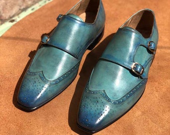 Handmade genuine Leather double monk strap Dress Formal Shoes men, leather sole shoes, mens formal wedding party shoes, brouge leather shoes