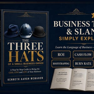 May include: A dark blue book titled The Three Hats of a Small-Business Owner by Kenneth Aaron McMahon, featuring a fedora, hard hat, and bowler hat on the cover. Includes a bonus guide on business terms and slang with definitions for ROI and KPI.