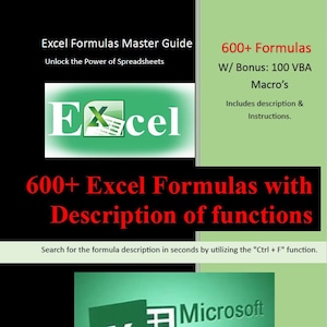 Op de afbeelding: Een groen en wit Microsoft Excel-logo met de tekst "600+ Excel-formules met beschrijving van functies". De tekst "Zoek de formulebeschrijving in seconden door de functie "Ctrl + F" te gebruiken." staat onder het logo.