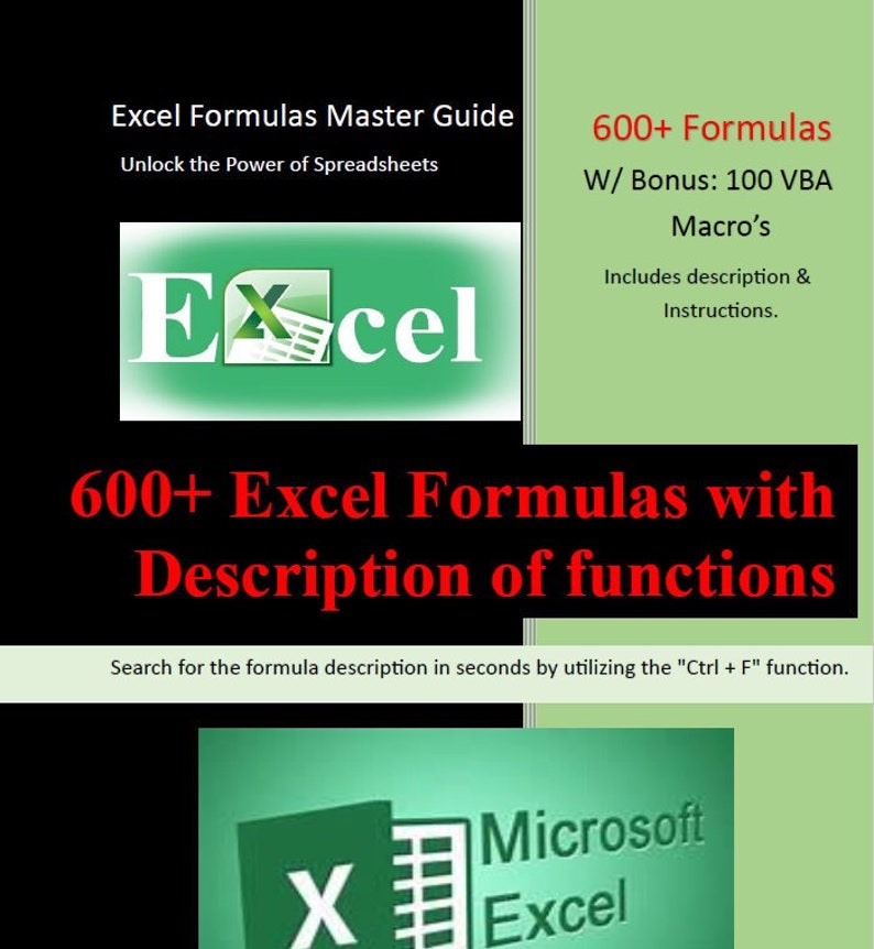 K&ouml;nnte beinhalten: Ein gr&uuml;nes und wei&szlig;es Microsoft Excel-Logo mit dem Text "600+ Excel-Formeln mit Beschreibung der Funktionen". Der Text "Suchen Sie die Formelbeschreibung in Sekundenschnelle mit der Funktion "Strg + F"." befindet sich unter dem Logo.