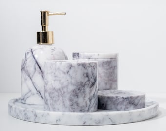 Handcrafted Marble Bathroom Set with Soap Dispenser, Toothbrush Holder, Soap Dish, Jewelry Tray, and Storage Jar, Marble Bathroom Decoration