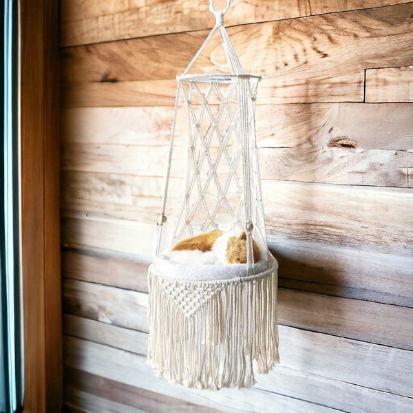 Macrame Cat Hammock, Cat Bed, Furniture Wall Macrame Swing, Bohemian Cat Tree, Cat Lover Gifts, Handcrafted Indoor Crochet Hammock