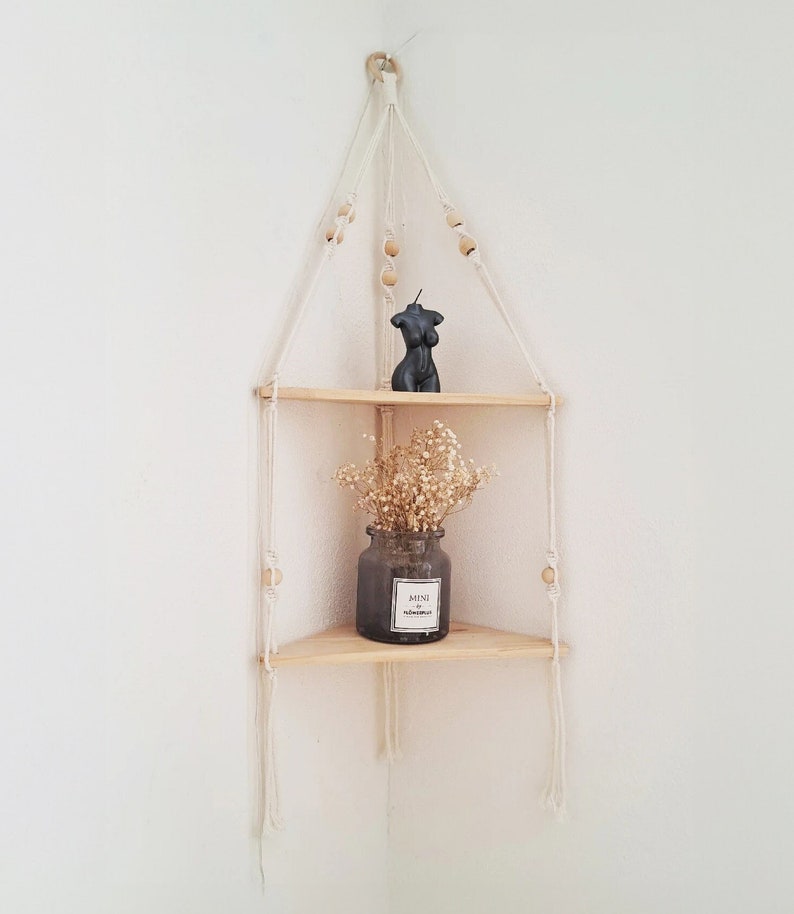 Macrame Shelf, 2 Tier Wall, Handwoven Floating Wood Shelves for Boho Wall Decor, Macrame Hanging, Crochet Wall Decor, Suspended Rope Shelves