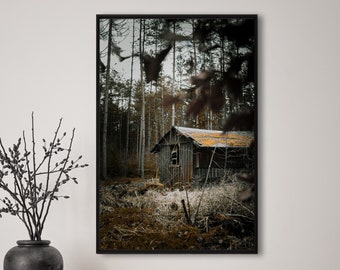 Haus im Wald, Herbst, Fotografie, Natur, Wandkunst, Poster, Fineart, Druck, Macro, Naturfotografie, Dekor, druckbare Kunst, Wandgestaltung