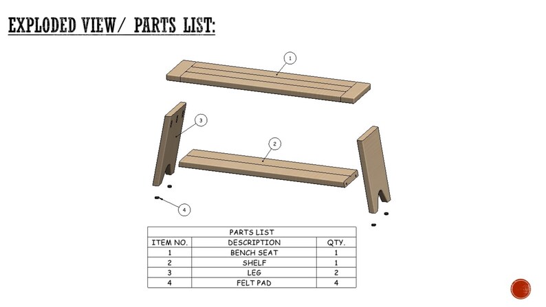 May include: Exploded view diagram of a wooden bench with parts labeled. The bench consists of a bench seat, a shelf, two legs, and four felt pads. The diagram shows how the parts are assembled.