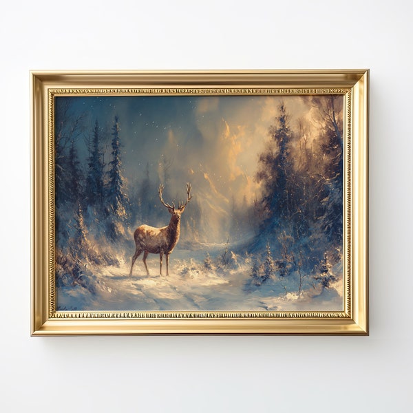 Wanddeko Gemälde Winterlandschaft im Wald mit Hirsch Winterwonderland Art Print Art