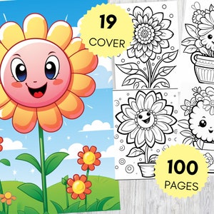 100 lindas páginas para colorear de flores kawaii: libro para colorear para adultos y niños, hojas para colorear kawaii, descarga instantánea, archivo PDF imprimible.logo