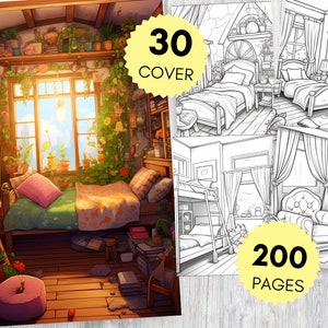 200 Pocket Room Coloring Pages Printable Interior Design Coloring Pages Fantasy Grayscale Coloring Book for Adults Boho Cozy Isometric Rooms