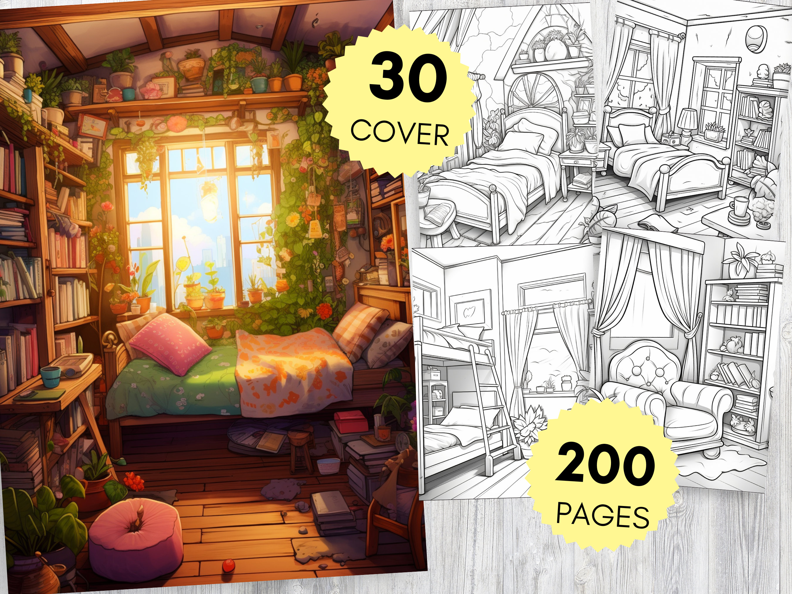 200 páginas de colorear Pocket Room imprimibles — Interior isométrico boho acogedor en escala de grises, libro para adultos