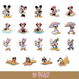 May include: A collection of 19 digital illustrations featuring Disney characters in summer themes, including Mickey Mouse, Minnie Mouse, Daisy Duck, Goofy, and Pluto with beach balls, ice cream, umbrellas, and sunglasses on a white background.