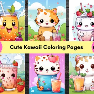 Op de afbeelding: 200 kleurplaten met schattige kawaii-illustraties van dieren en drankjes. De pagina's zijn 8,5 inch bij 11 inch.