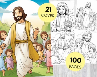 May include: A coloring book with a cover image of Jesus walking with children. The cover also includes the text "21 COVER" and "100 PAGES".