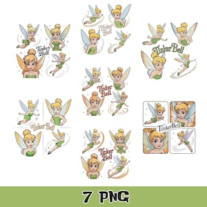 May include: A collection of seven digital graphic files featuring Tinker Bell in various poses, including flying, standing, and close-up portraits. Each design incorporates the text Tinker Bell in a stylised script font, with illustrations of wings.