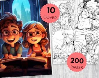 May include: A colorful illustration of two children reading a book together. The children are wearing glasses and smiling. The book is open and there are candles on the table. The image is a cover for a coloring book with 200 pages.
