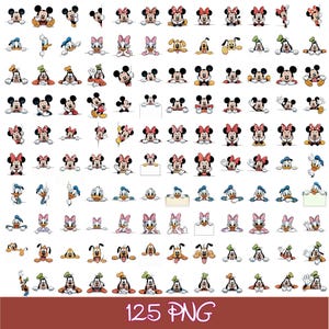 May include: A collection of 125 digital illustrations featuring Mickey Mouse, Minnie Mouse, Donald Duck, Daisy Duck, Goofy, and Pluto in various poses, often peeking over or holding blank white signs, with the text 125 PNG at the bottom.