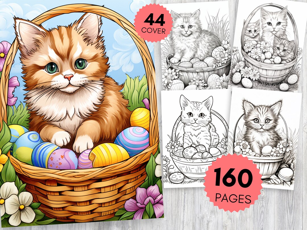 Cute Cat Coloring Book for Kids & Adults, Relaxing Kitten Basket Art ...