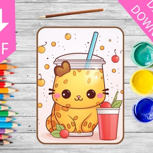 Op de afbeelding: Een printbare kleurplaat met een schattig cartoonfiguur van een kat in een kopje boba-thee. De kat heeft een geel lichaam met bruine vlekken en een roze neus. De boba-thee is omringd door kersen en bubbels.