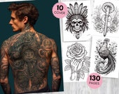 130 Printable Tattoos Coloring Pages for Kids and Adults , Grayscale Adult Coloring Book PDF, Printable Cute Tattoo Coloring Sheets