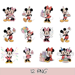 May include: A collection of twelve digital illustrations featuring Mickey and Minnie Mouse in various birthday-themed poses, including holding cakes, cupcakes, balloons, and gift boxes, with colorful confetti accents and the text 12 PNG.