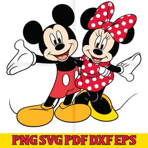 Peut inclure: Une illustration numérique de Mickey et Minnie Mouse debout côte à côte. Mickey porte un short rouge et des chaussures jaunes, tandis que Minnie porte une robe rouge à pois blancs, un nœud assorti et des chaussures jaunes. Le texte en bas indique PNG SVG PDF DXF EPS.
