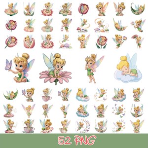 Könnte beinhalten: Eine Sammlung von 52 digitalen Illustrationen einer blonden Fee mit durchscheinenden Flügeln in verschiedenen Posen, darunter sitzend auf Blumen, ruhend auf Wolken, Schmetterlinge haltend und mit Pilzen interagierend, alles vor weißem Hintergrund.