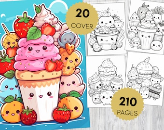 子供と大人向けのかわいい食べ物の塗り絵、アイスクリームとデザートの塗り絵、楽しい印刷可能なアートアクティビティ、デジタルダウンロード
