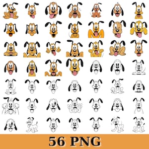 Puede incluir: Una colección de 56 ilustraciones digitales del perro de dibujos animados Pluto en varias poses y expresiones, presentadas en color y en arte lineal en blanco y negro, con el texto 56 PNG mostrado en la parte inferior de la imagen.