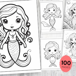 100 süße Meerjungfrau Malseiten - Malbuch für Erwachsene und Kinder, Meerjungfrau Schloss Färbung Fantasy Malseiten, sofortiger Download, druckbar