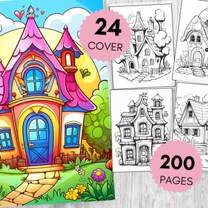 May include: A colorful illustration of a whimsical house with a blue door and yellow windows. The house has a pink roof and is surrounded by green trees and flowers. The text "24 COVER" and "200 PAGES" is visible in the image.