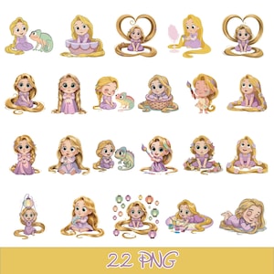 May include: A collection of twenty-two digital illustrations featuring a young character with long blonde hair in a purple dress, often accompanied by a small green chameleon, shown in various poses including sitting, painting, and holding lanterns.