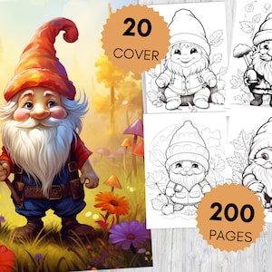 May include: A coloring book featuring a cute cartoon gnome with a red hat and a white beard. The cover shows the gnome holding a mushroom. The book has 200 pages and is titled "200 Pages".