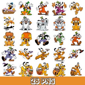 May include: A collection of 26 digital illustrations featuring Disney characters Goofy, Pluto, Donald Duck, and Daisy Duck in various Halloween-themed costumes and poses, including pumpkins, ghosts, mummies, and candy buckets, labelled as 26 PNG.