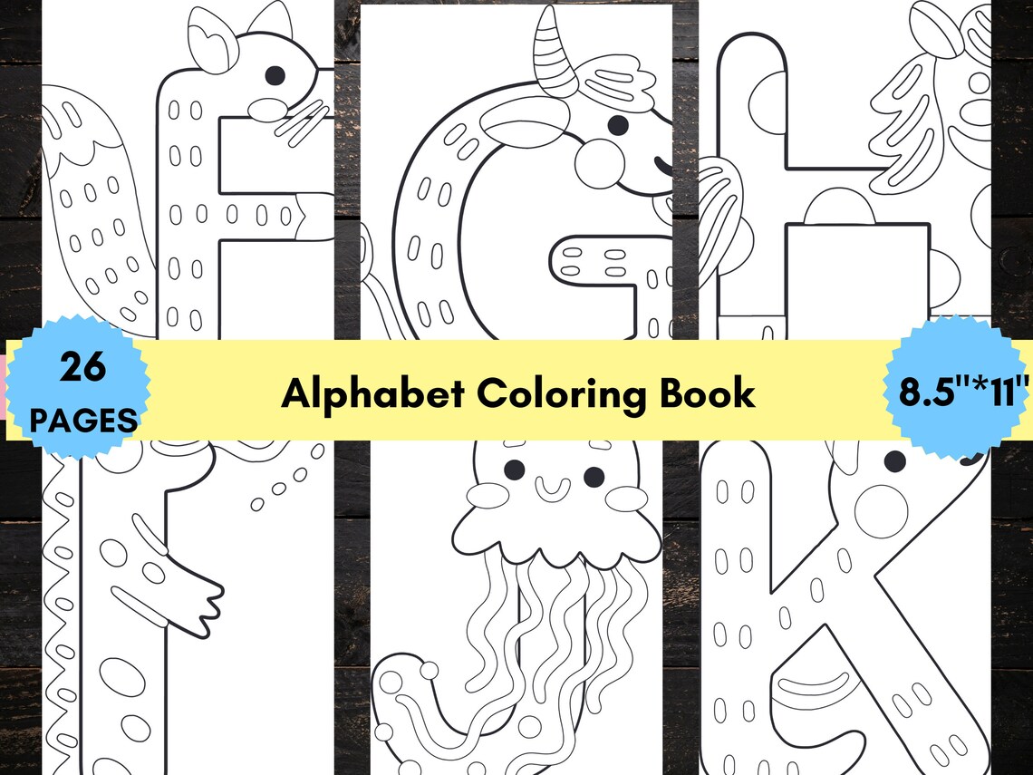 26 Pages Alphabet Coloring Book Printable for Kids, Alphabet Coloring