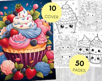 気まぐれなカップケーキの塗り絵、子供と大人向けのかわいいデザートページ50枚、甘いベーカリーアート、リラックスできるかわいいフードアクティビティ、すぐにダウンロードできます