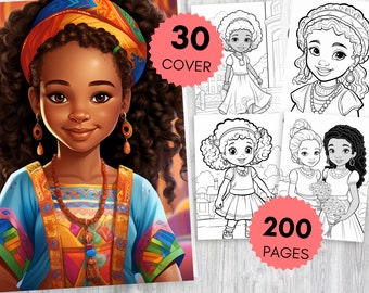 Afrikaanse meisjes kleurplaten, portretten van mooie kleine meisjes voor kinderen en volwassenen, Afro-prinses kunstboek, ontspannende afdrukbare kleurset