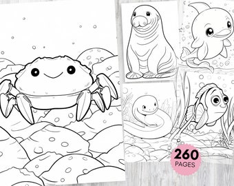 Libro para colorear de animales marinos adorables, divertida vida submarina para niños, arte imprimible de criaturas oceánicas para colorear relajantemente