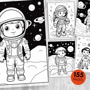May include: Black and white coloring pages featuring astronauts in space. The pages include planets, stars, and other space-themed elements. There are four pages in total.