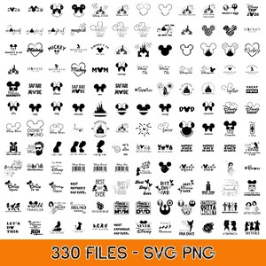 May include: A collection of 330 black and white digital graphic designs featuring various Mickey Mouse silhouettes, castle icons, and themed text phrases related to Disney vacations, family roles, and character quotes for use as SVG or PNG files.