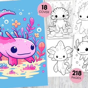 Könnte beinhalten: Ein rosa Axolotl mit einem eingerollten Schwanz, umgeben von Blasen und rosa und grünem Seegras. Der Axolotl befindet sich auf einem hellblauen Hintergrund mit dem Text "18 COVER" in einem rosa Kreis.