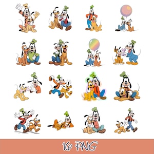 May include: A collection of 16 digital illustrations featuring the cartoon characters Goofy and Pluto in various poses, including sitting, running, and holding items like a balloon and a bone, rendered in vibrant colors with clear outlines.