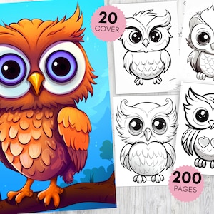 200 Pages Owl Coloring Book - Adults Kids Coloring Pages, Instant Download, Grayscale Coloring Book, Printable PDF File